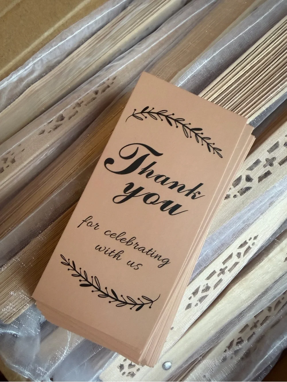 Brand New! 24 Wooden Fans with white bags and thank you tags
